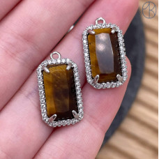 Подвеска прямоугольник цирконы тигровый глаз, цвет серебро 18х12 мм