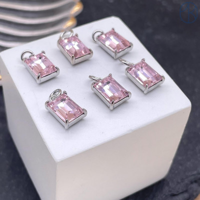 Подвеска прямоугольник розовое стекло, цвет серебро 9х7 мм