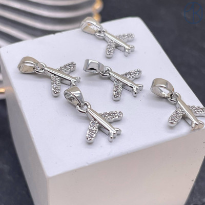 Подвеска самолет цирконы, цвет серебро 11х10 мм 