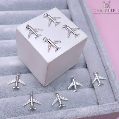 Подвеска Самолет с цирконами, цвет серебро 13х14 мм 