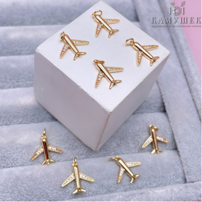 Подвеска Самолет с цирконами, цвет золото 13х14 мм