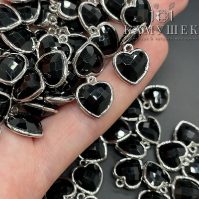 Подвеска сердце агат черный огранка, цвет серебро 12х13 мм