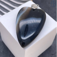 Подвеска сердце агат черный полосатый, цвет серебро 25х40 мм