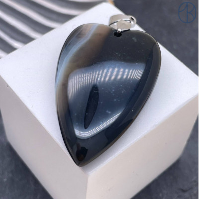 Подвеска сердце агат черный полосатый, цвет серебро 25х40 мм