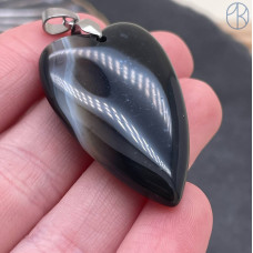 Подвеска сердце агат черный полосатый, цвет серебро 25х40 мм