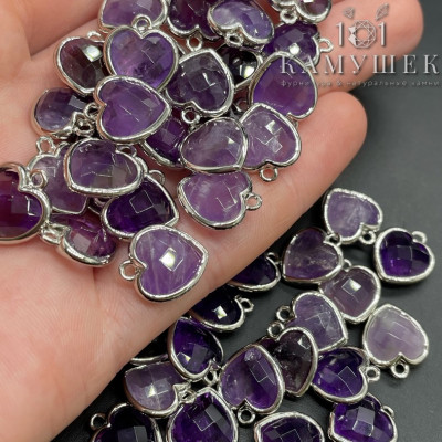 Подвеска сердце аметист огранка, цвет серебро 12х13 мм