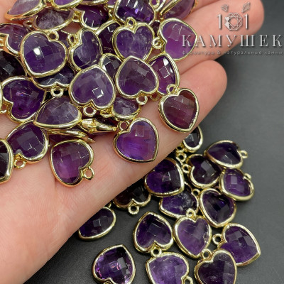 Подвеска сердце аметист огранка, цвет золото 12х13 мм