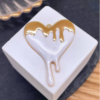 Подвеска сердце белая эмаль, цвет золото 40 мм