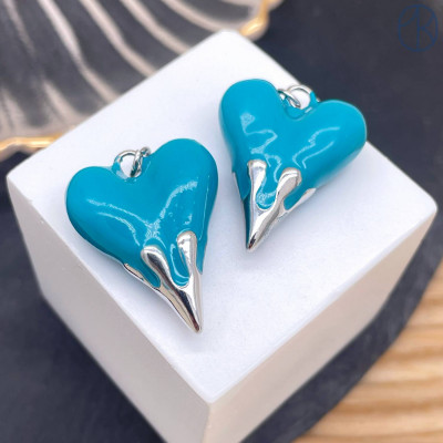 Подвеска сердце бирюзовая эмаль, цвет серебро 24х19 мм