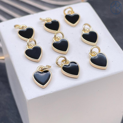  Подвеска сердце черная эмаль, цвет золото 9 мм 