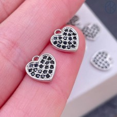 Подвеска сердце черные цирконы, цвет серебро 12,5 мм
