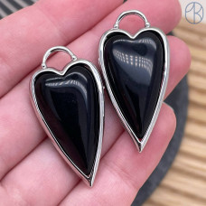 Подвеска сердце черный агат, цвет серебро 30х12 мм