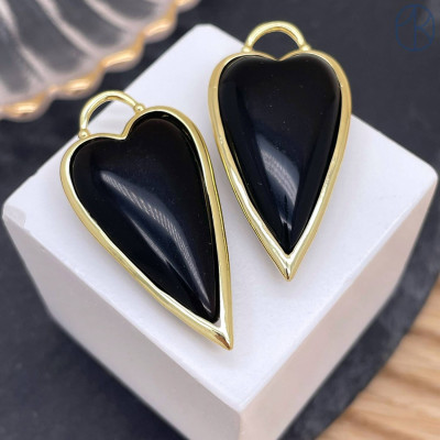 Подвеска сердце черный агат, цвет золото 30х12 мм