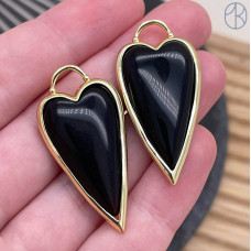 Подвеска сердце черный агат, цвет золото 30х12 мм