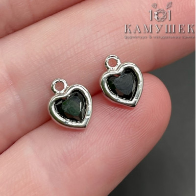 Подвеска сердце черный циркон, цвет серебро 6х8 мм