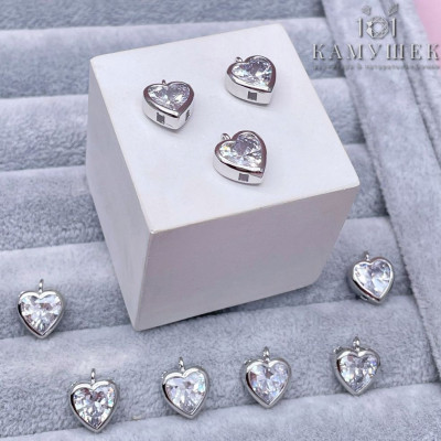 Подвеска сердце циркон, цвет серебро 9х12 мм