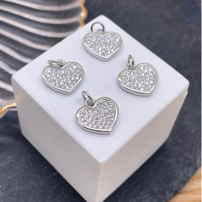 Подвеска сердце цирконы, цвет серебро 12,5 мм