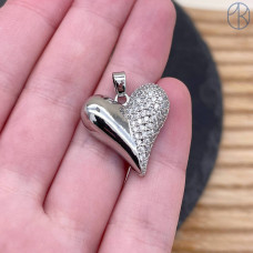 Подвеска сердце цирконы, цвет серебро 20 мм 
