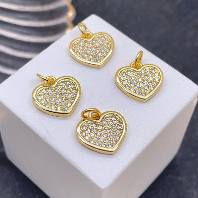 Подвеска сердце цирконы, цвет золото 12,5 мм