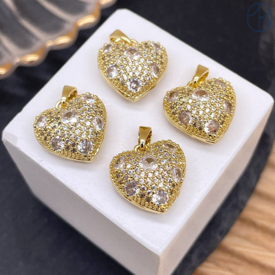 Подвеска сердце цирконы, цвет золото 14 мм 