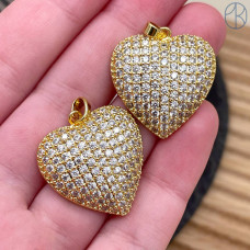 Подвеска сердце цирконы, цвет золото 24 мм 