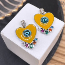 Подвеска сердце глаз цирконы желтая эмаль, цвет серебро 21 мм