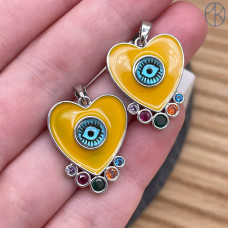 Подвеска сердце глаз цирконы желтая эмаль, цвет серебро 21 мм