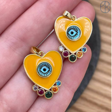 Подвеска сердце глаз цирконы желтая эмаль, цвет золото 21 мм