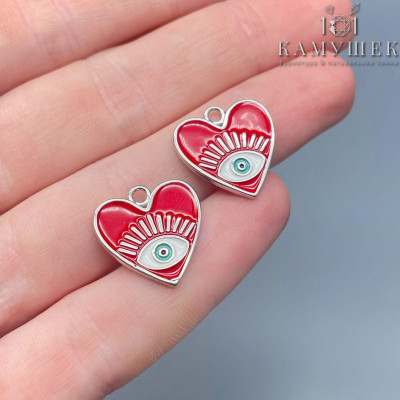Подвеска сердце глаз красная эмаль, цвет серебро 17 мм