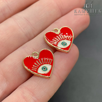 Подвеска сердце глаз красная эмаль, цвет золото 17 мм