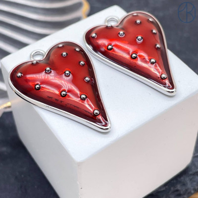 Подвеска сердце клубника красная эмаль, цвет серебро 38х28 мм 