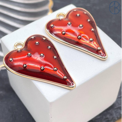 Подвеска сердце клубника красная эмаль, цвет золото 38х28 мм 
