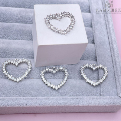 Подвеска сердце контур циркон, цвет серебро 21х25 мм