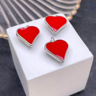 Подвеска сердце красная эмаль, цвет серебро 16х14 мм