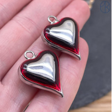 Подвеска сердце красная эмаль, цвет серебро 26х20 мм