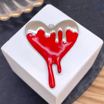 Подвеска сердце красная эмаль, цвет серебро 40 мм