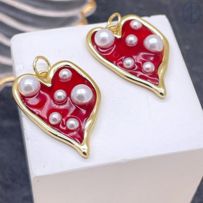 Подвеска сердце красная эмаль, цвет золото 25х17 мм