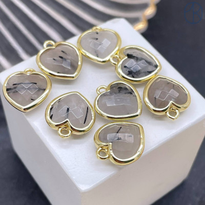 Подвеска сердце кварц турмалиновый, цвет золото 12х13 мм