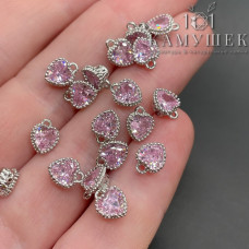 Подвеска сердце мини розовый циркон, цвет серебро 6х8 мм