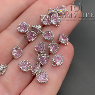 Подвеска сердце мини розовый циркон, цвет серебро 6х8 мм