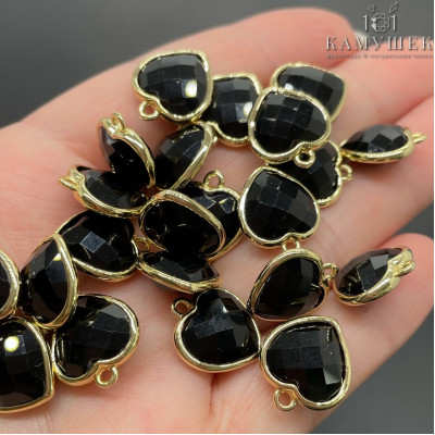 Подвеска сердце огранка агат черный, цвет золото 13х15