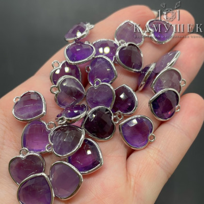 Подвеска сердце огранка аметист, цвет серебро 13х15