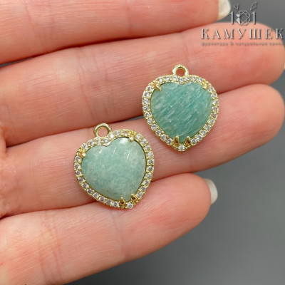 Подвеска сердце огранка цирконы амазонит, цвет золото 16х18 мм