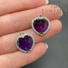 Подвеска сердце огранка цирконы аметист, цвет серебро 16х18 мм
