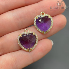 Подвеска сердце огранка цирконы аметист, цвет золото 16х18 мм