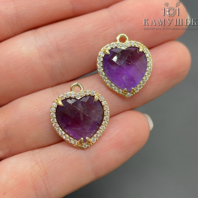 Подвеска сердце огранка цирконы аметист, цвет золото 16х18 мм