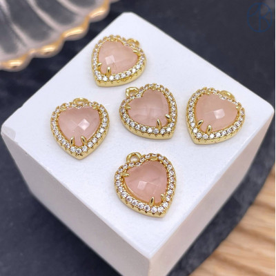 Подвеска сердце огранка розовый кварц, цвет золото 12 мм