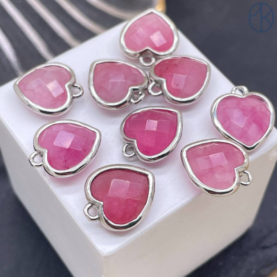 Подвеска сердце розовый кварц тонированный, цвет серебро 12х13 мм