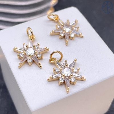 Подвеска снежинка цирконы, цвет золото 14 мм