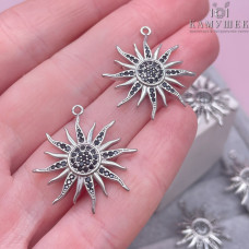 Подвеска солнце с черными цирконами, цвет серебро 27х25 мм